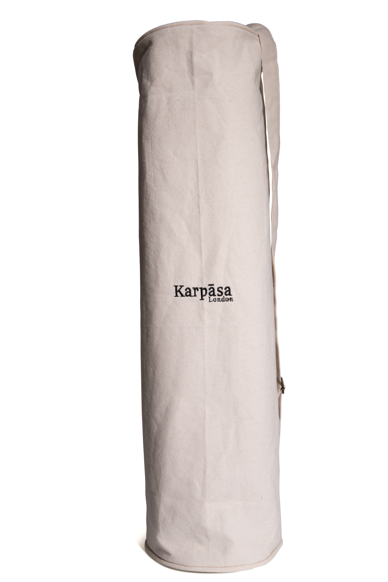 Organic Cotton Handmade Yoga Mat Bag in natural color, spacious design for standard yoga mats, featuring a comfortable cross-body strap.