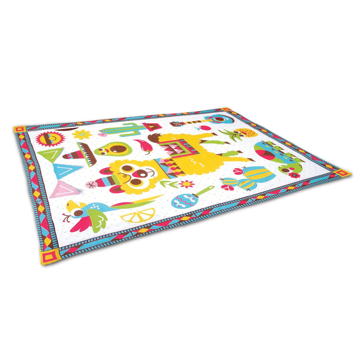 Yookidoo Fiesta Kids Baby Activity Playmat featuring vibrant illustrations, a mirror, crinkly flags, and a musical rattle, designed for baby playtime.