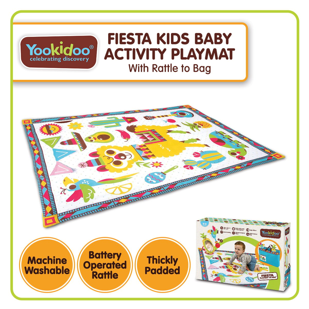 Yookidoo Fiesta Kids Baby Activity Playmat featuring vibrant illustrations, a mirror, crinkly flags, and a musical rattle, designed for baby playtime.