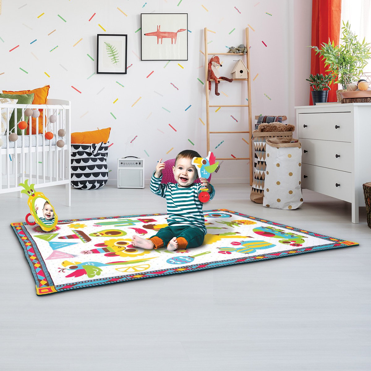 Yookidoo Fiesta Kids Baby Activity Playmat featuring vibrant illustrations, a mirror, crinkly flags, and a musical rattle, designed for baby playtime.