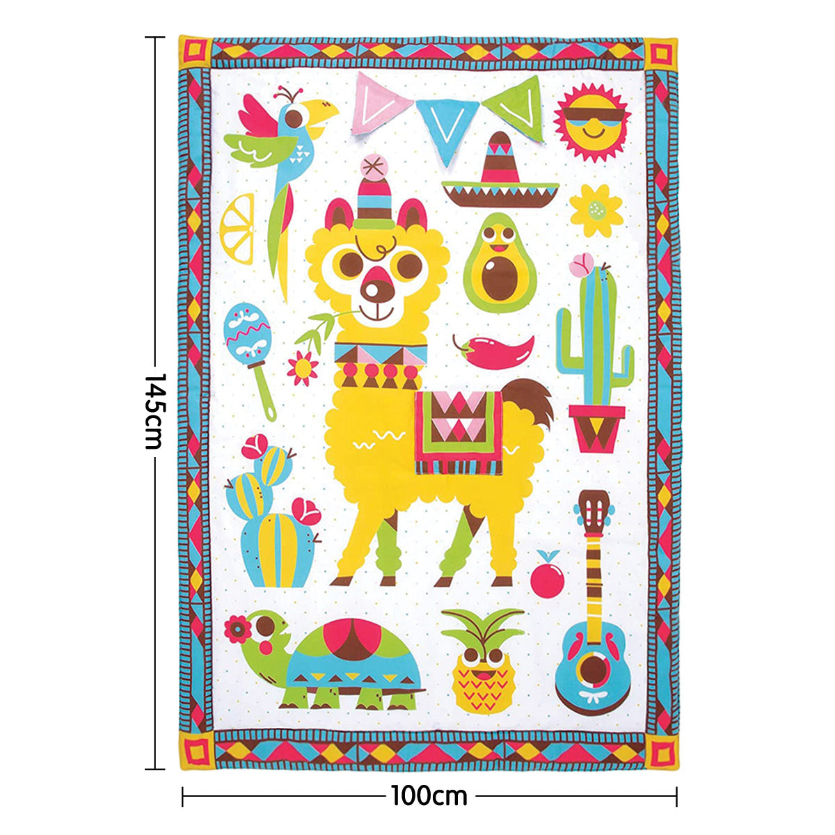 Yookidoo Fiesta Kids Baby Activity Playmat featuring vibrant illustrations, a mirror, crinkly flags, and a musical rattle, designed for baby playtime.