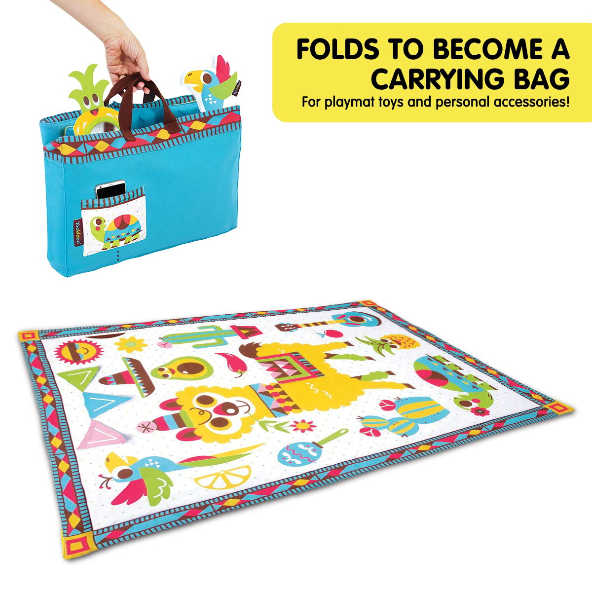 Yookidoo Fiesta Kids Baby Activity Playmat featuring vibrant illustrations, a mirror, crinkly flags, and a musical rattle, designed for baby playtime.