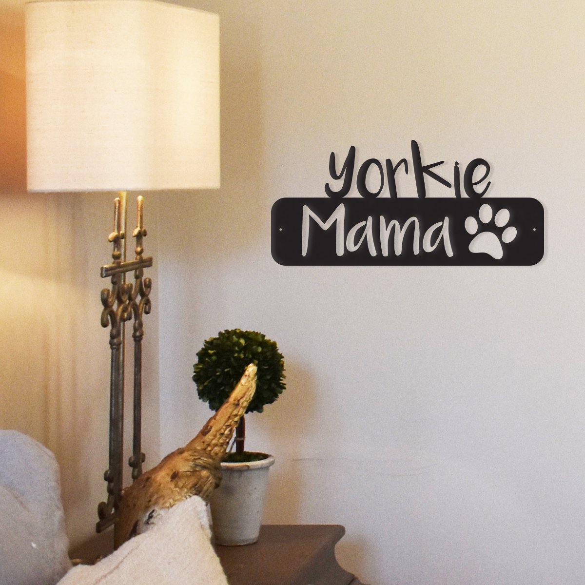 Yorkie Mama metal wall art decor featuring a stylish design celebrating Yorkshire Terriers, made from durable steel.