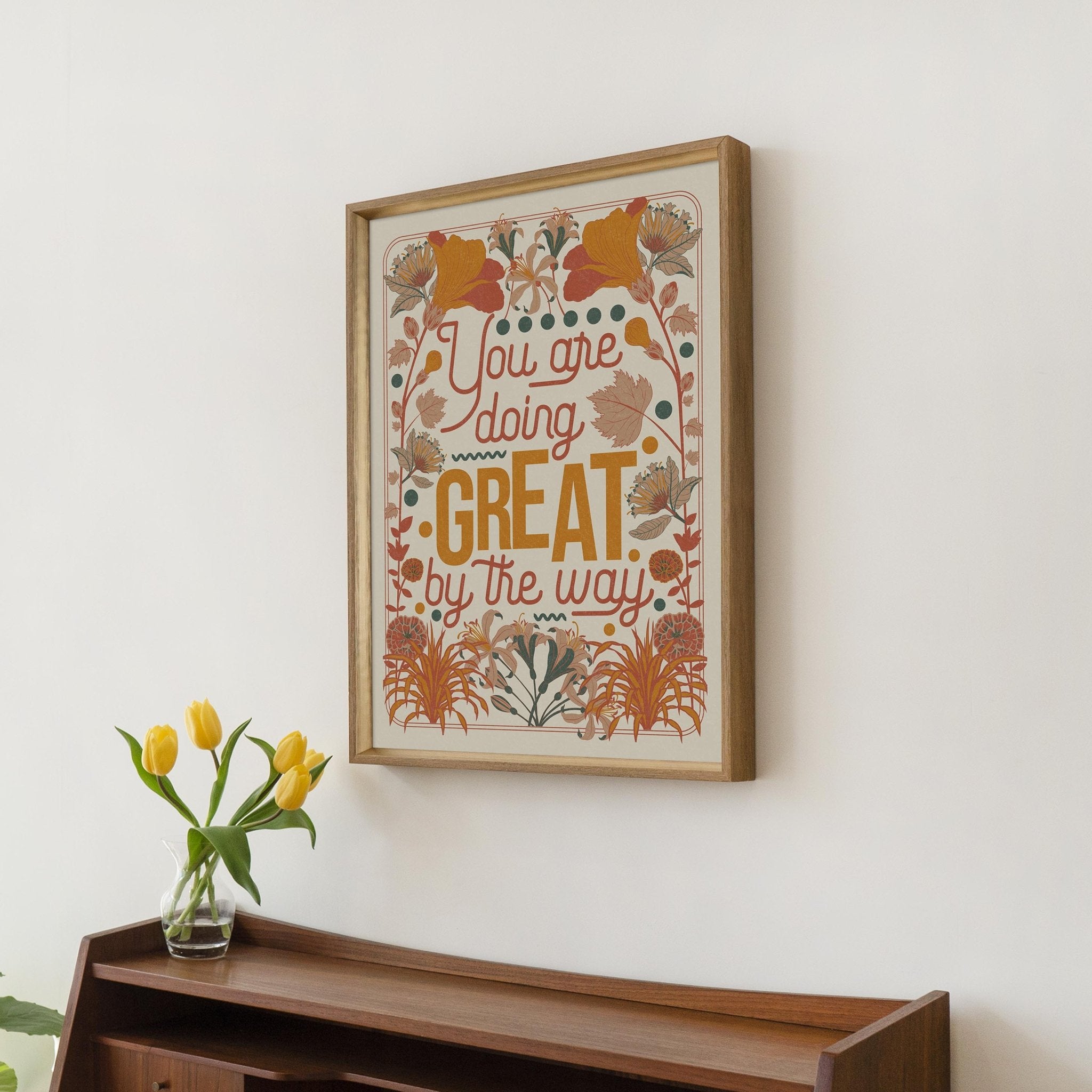 You Are Doing Great Art Print featuring floral illustrations and motivational typography in vibrant colors.