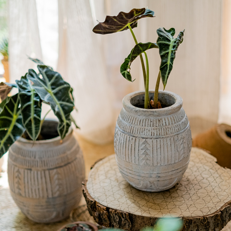 Yukun Terracotta Planter in tan and taupe, showcasing its handmade design and stoneware material.