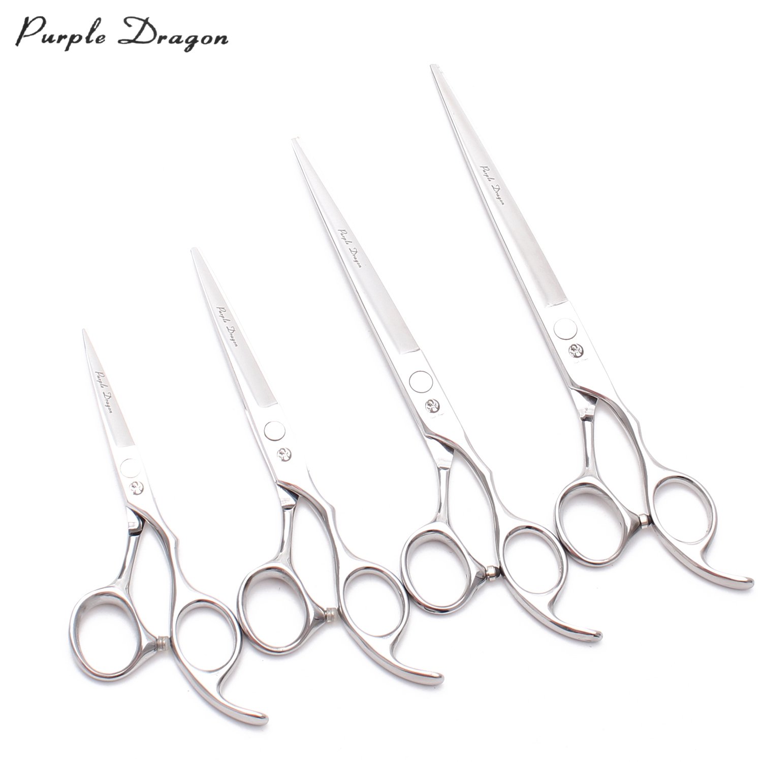 Z1006 Professional Hairdressing Scissors in purple dragon design, made from Japan 440C stainless steel, showcasing ergonomic handle and sharp blades.