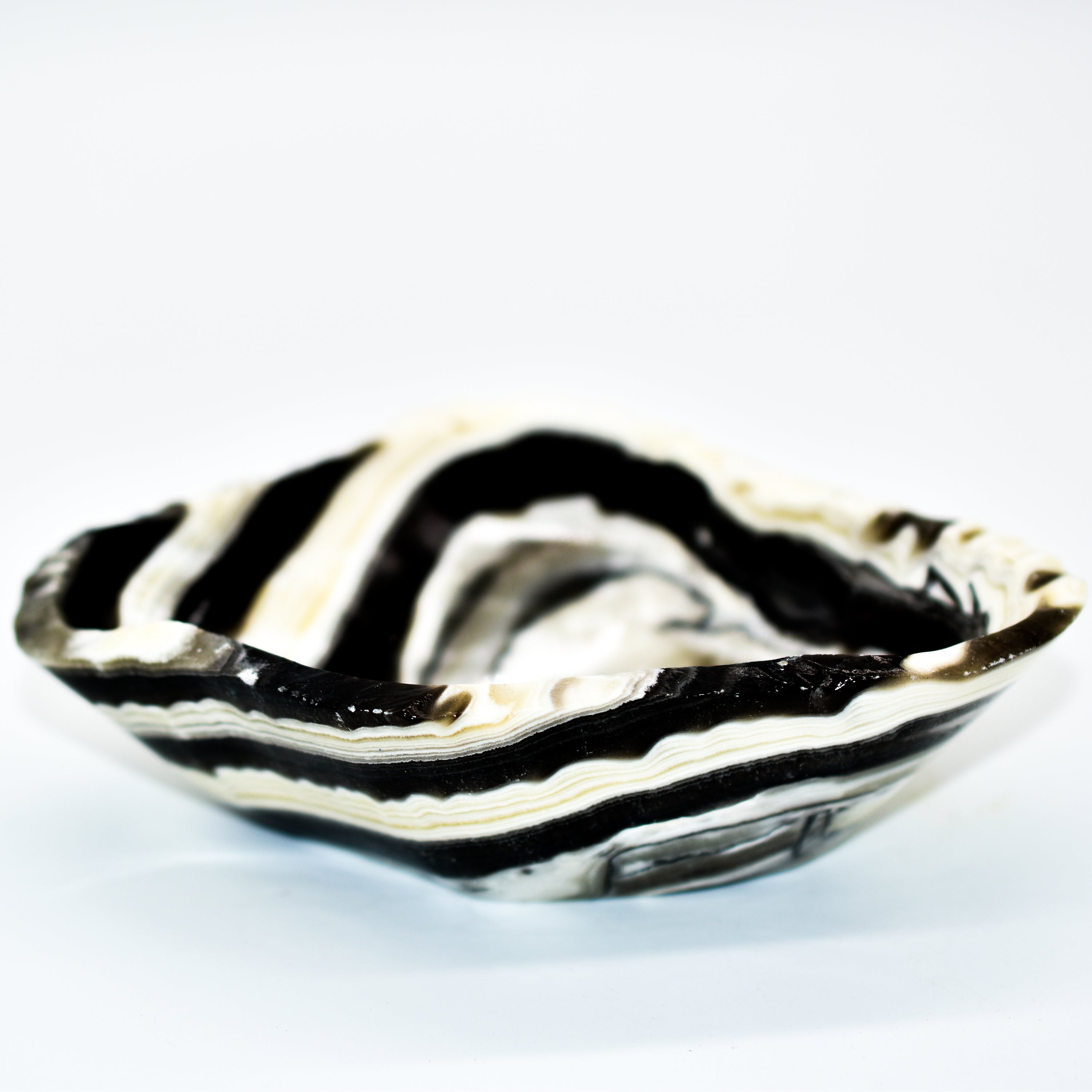 Handmade Zebra Onyx Freeform Snack Bowls showcasing unique grey, gold, and cream bands.