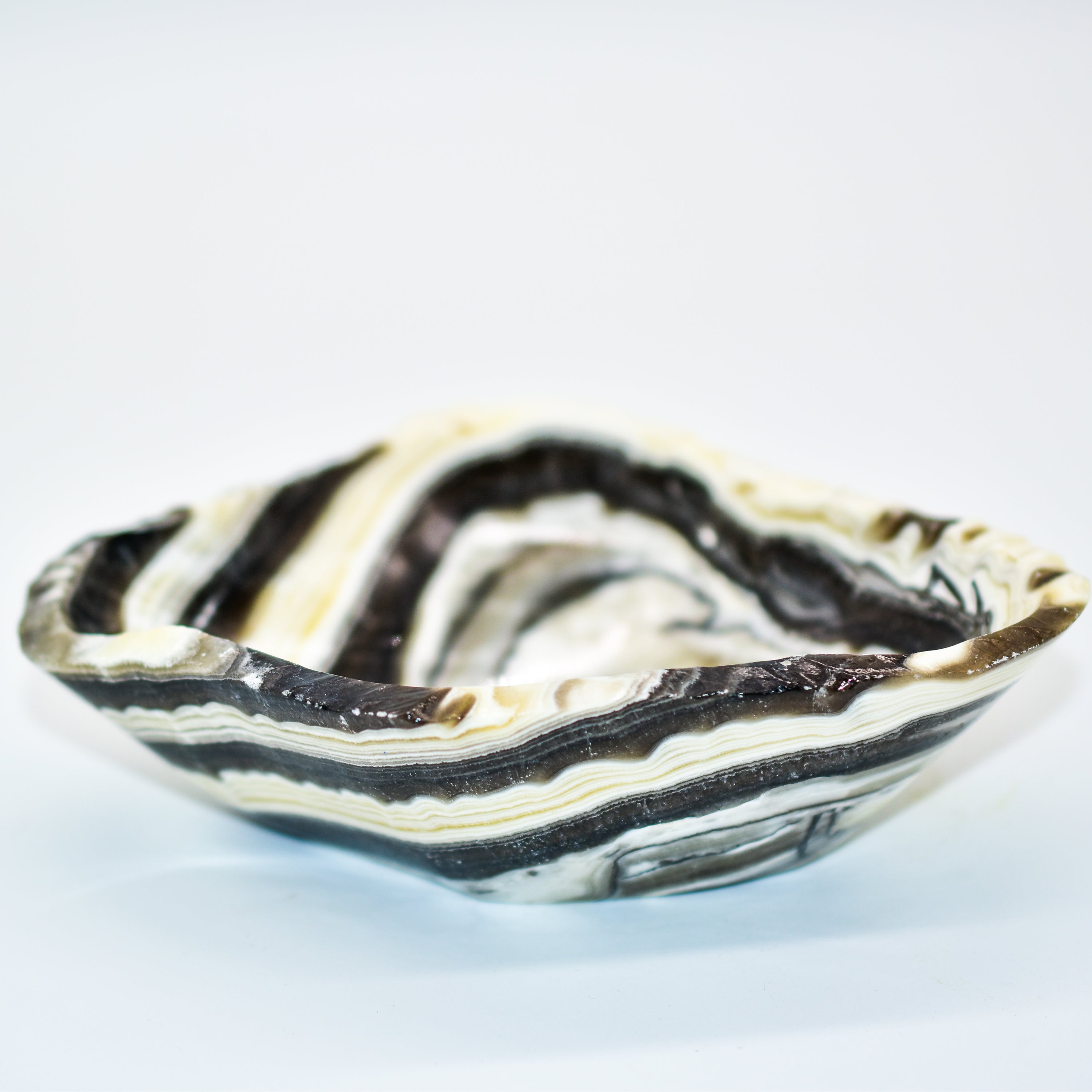 Handmade Zebra Onyx Freeform Snack Bowls showcasing unique grey, gold, and cream bands.