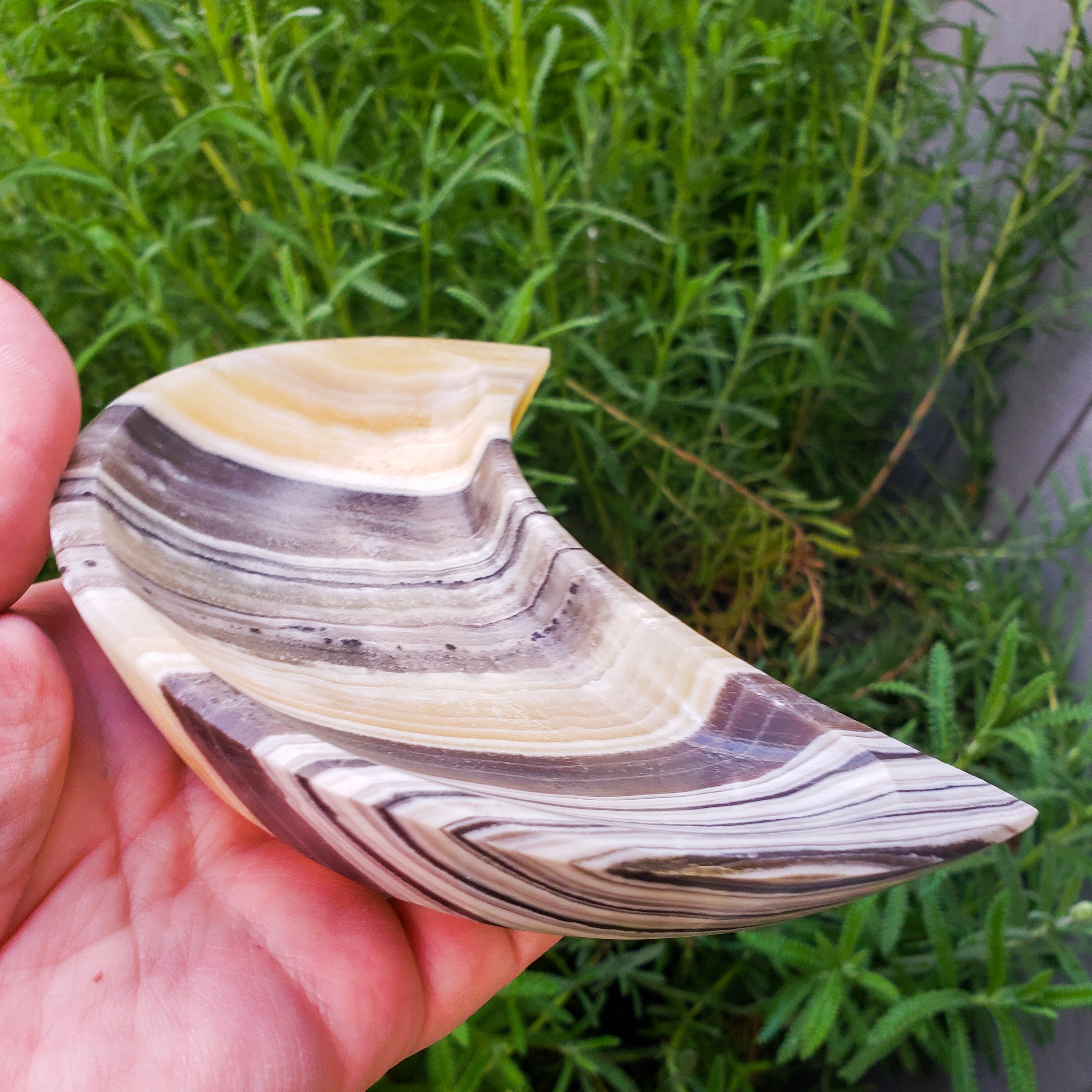 A beautifully crafted Zebra Onyx Moon Bowl featuring yellow, gray, white, and black bands, shaped like a crescent moon.