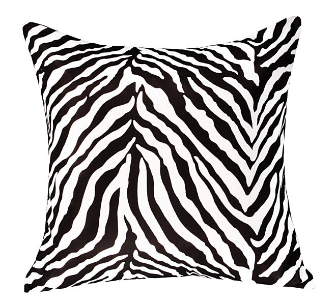 Zebra Printed Cushion Cover featuring a black and white zebra skin design, made from soft microfibre polyester fabric.