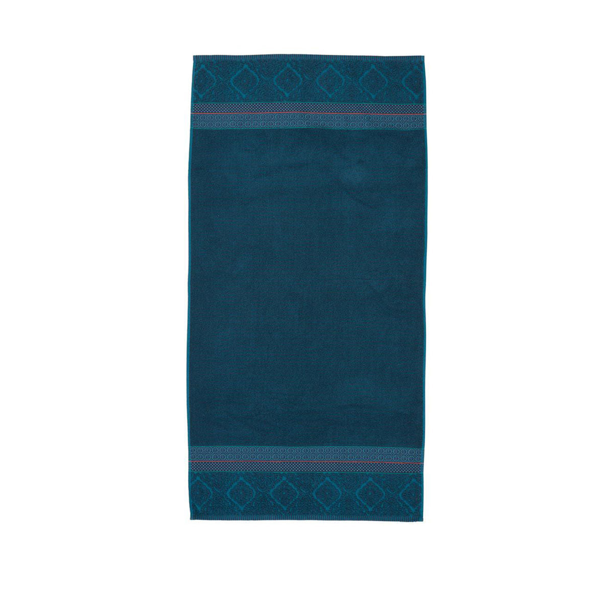 Zellige Pure Cotton Towel in dark blue with floral design, measuring 70 x 140 cm, showcasing softness and elegance.