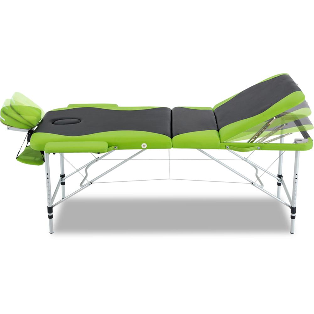 Zenses 3 Fold Portable Aluminium Massage Table in green and black, showcasing its sturdy design and adjustable features.