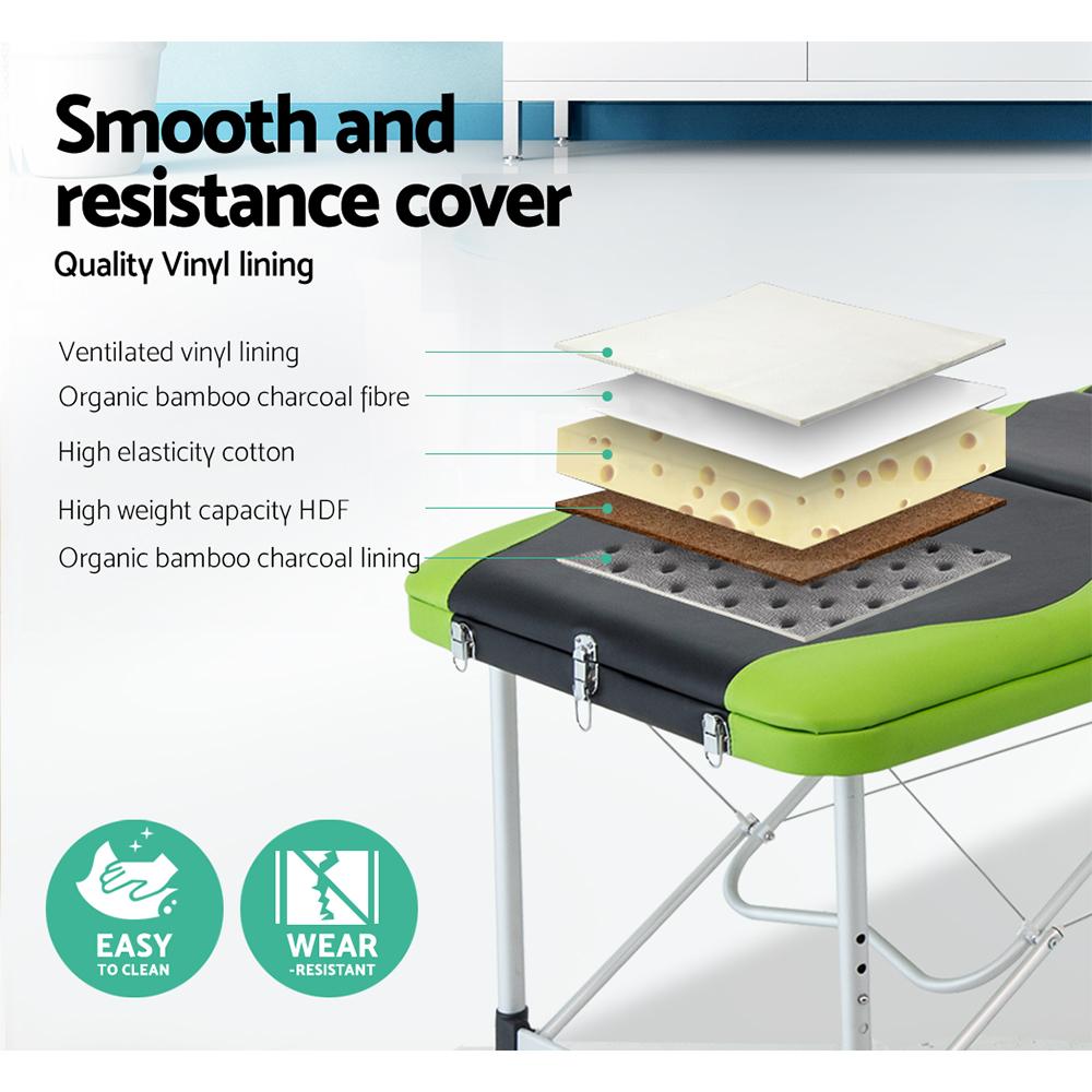 Zenses 3 Fold Portable Aluminium Massage Table in green and black, showcasing its sturdy design and adjustable features.