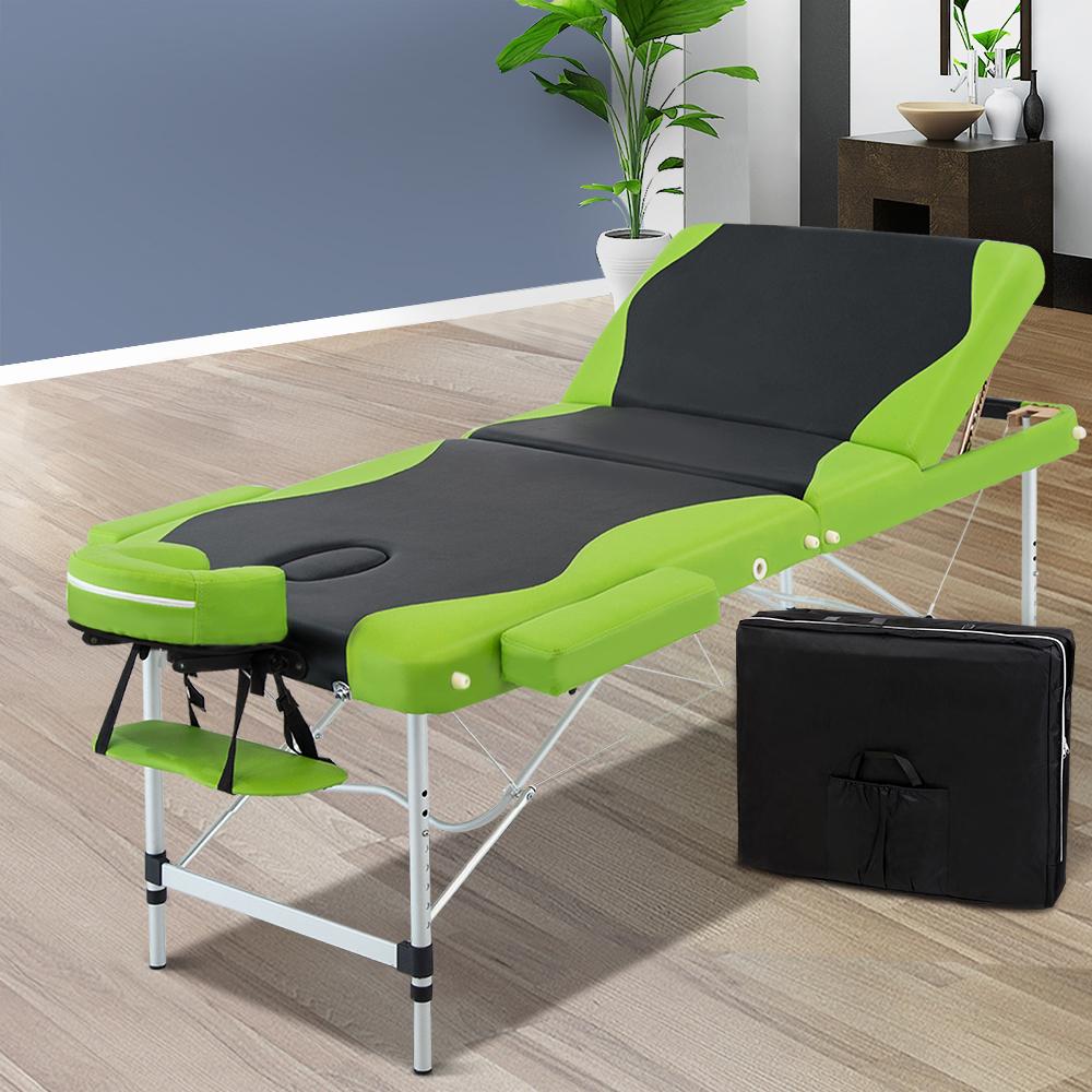 Zenses 3 Fold Portable Aluminium Massage Table in green and black, showcasing its sturdy design and adjustable features.