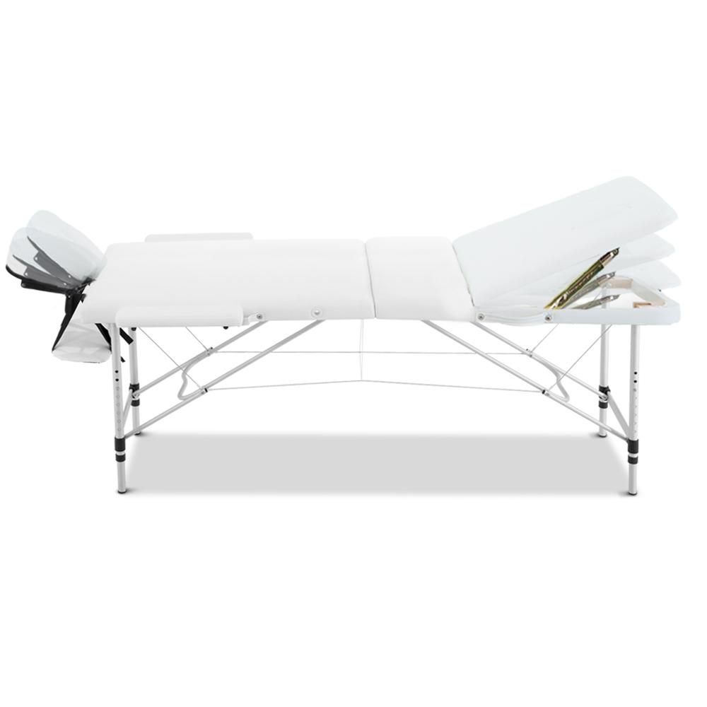 Zenses 3 Fold Portable Aluminium Massage Table in white, featuring adjustable height, removable face cradle, and sturdy aluminium frame.