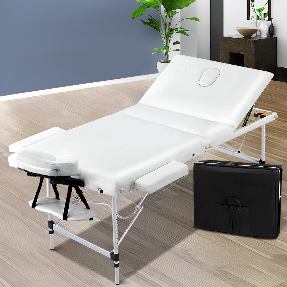 Zenses 3 Fold Portable Aluminium Massage Table in white, featuring adjustable height, removable face cradle, and sturdy aluminium frame.