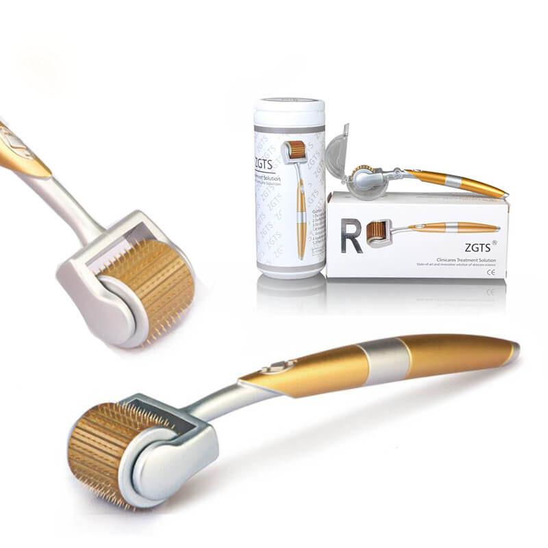 ZGTS 192 Titanium Micro Needles Therapy Derma Roller designed for acne scar treatment and skin rejuvenation, featuring a gold and silver handle.