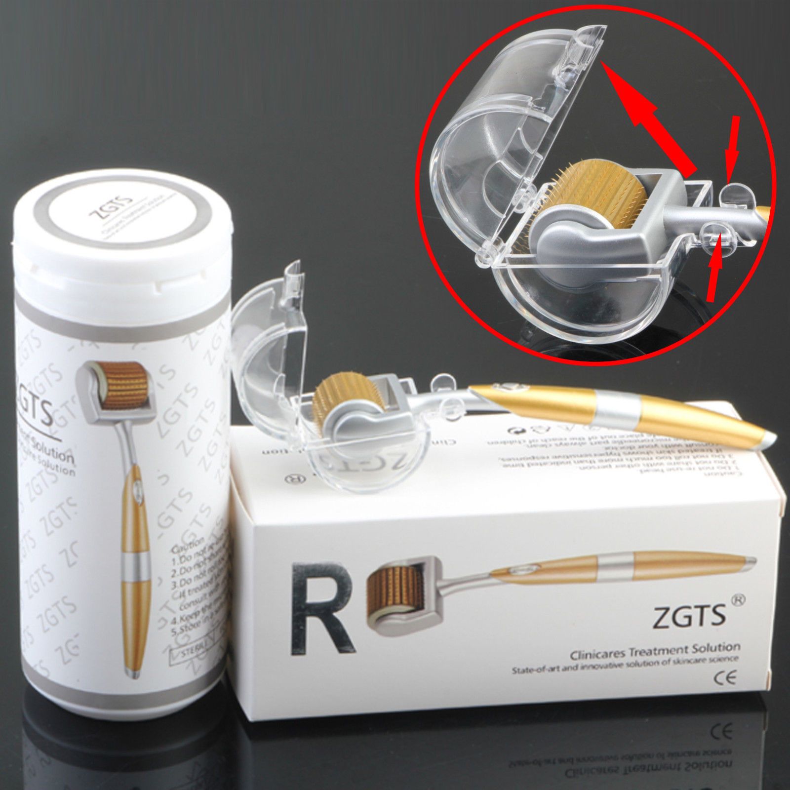 ZGTS Luxury 192 Titanium Micro Needles Therapy Derma Roller, featuring a gold handle and titanium needles for effective skin treatment.