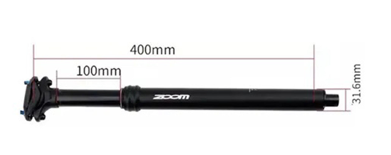 ZOOM MTB Adjustable seatpost with internal cable routing, 30.9mm diameter and 125mm travel, showcasing its sleek design and durable construction.