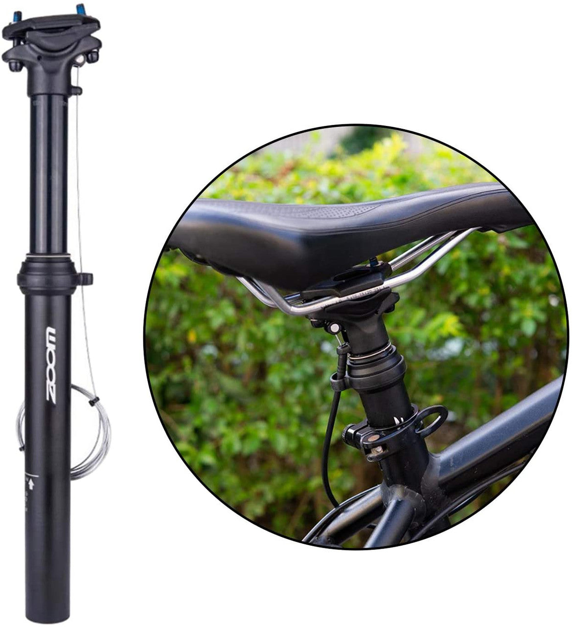 ZOOM SPD-801 Dropper Seatpost with adjustable height and thumb remote lever, showcasing its sleek design and durable construction.