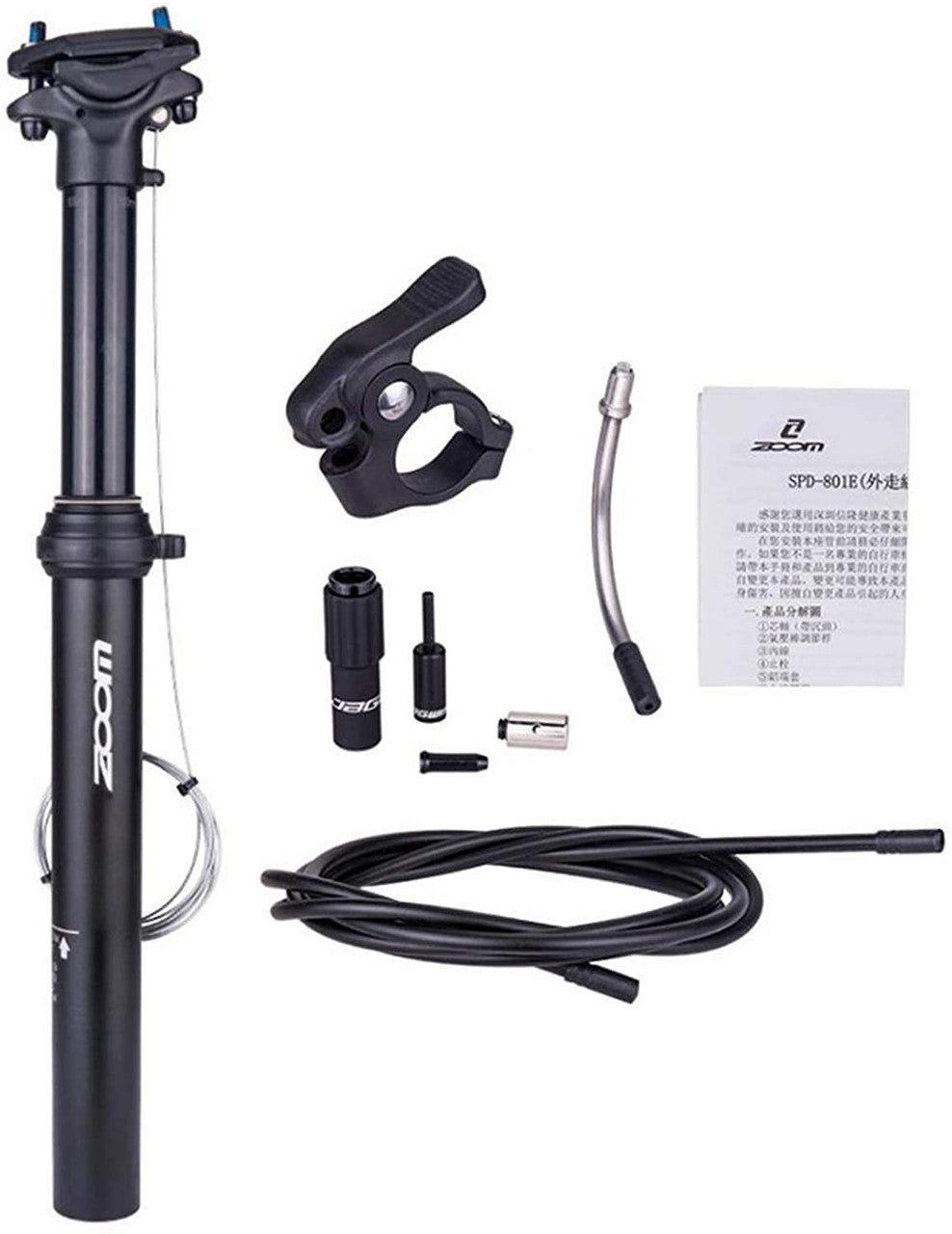 ZOOM SPD-801 Dropper Seatpost with adjustable height and thumb remote lever, showcasing its sleek design and durable construction.