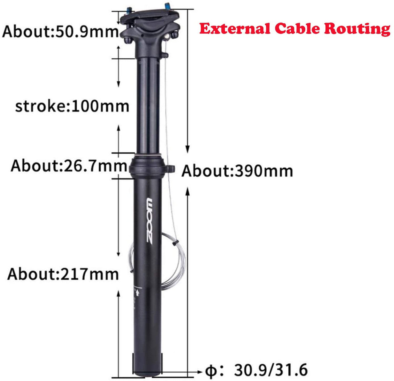 ZOOM SPD-801 Dropper Seatpost with adjustable height and thumb remote lever, showcasing its sleek design and durable construction.