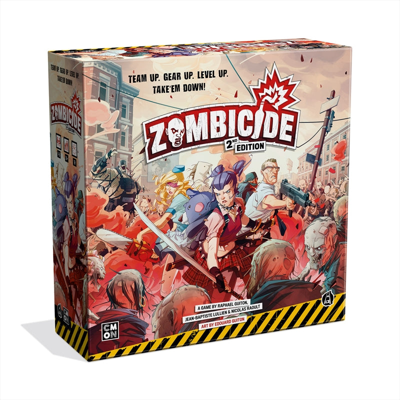 Zombicide 2nd Edition board game box featuring vibrant artwork of Survivors battling zombies.