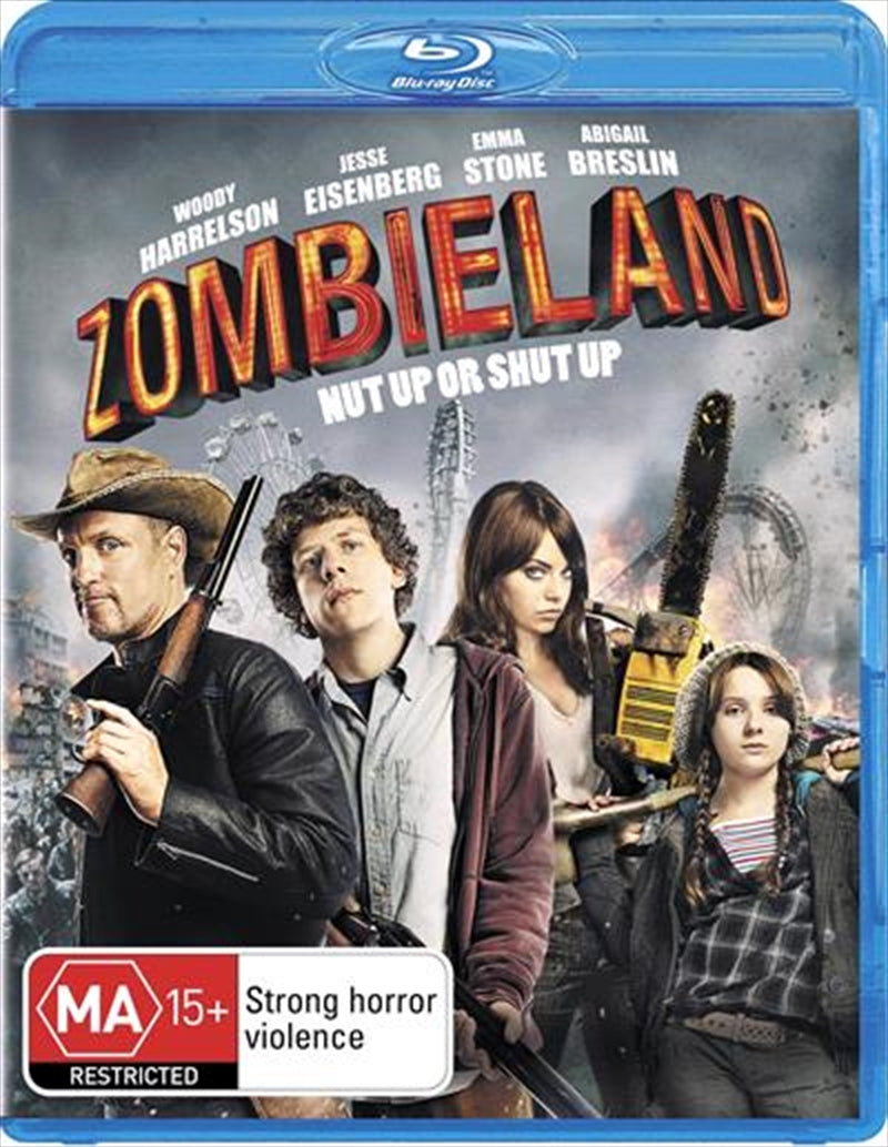 Zombieland Blu-ray cover featuring Jesse Eisenberg and Woody Harrelson in a comedic zombie setting.