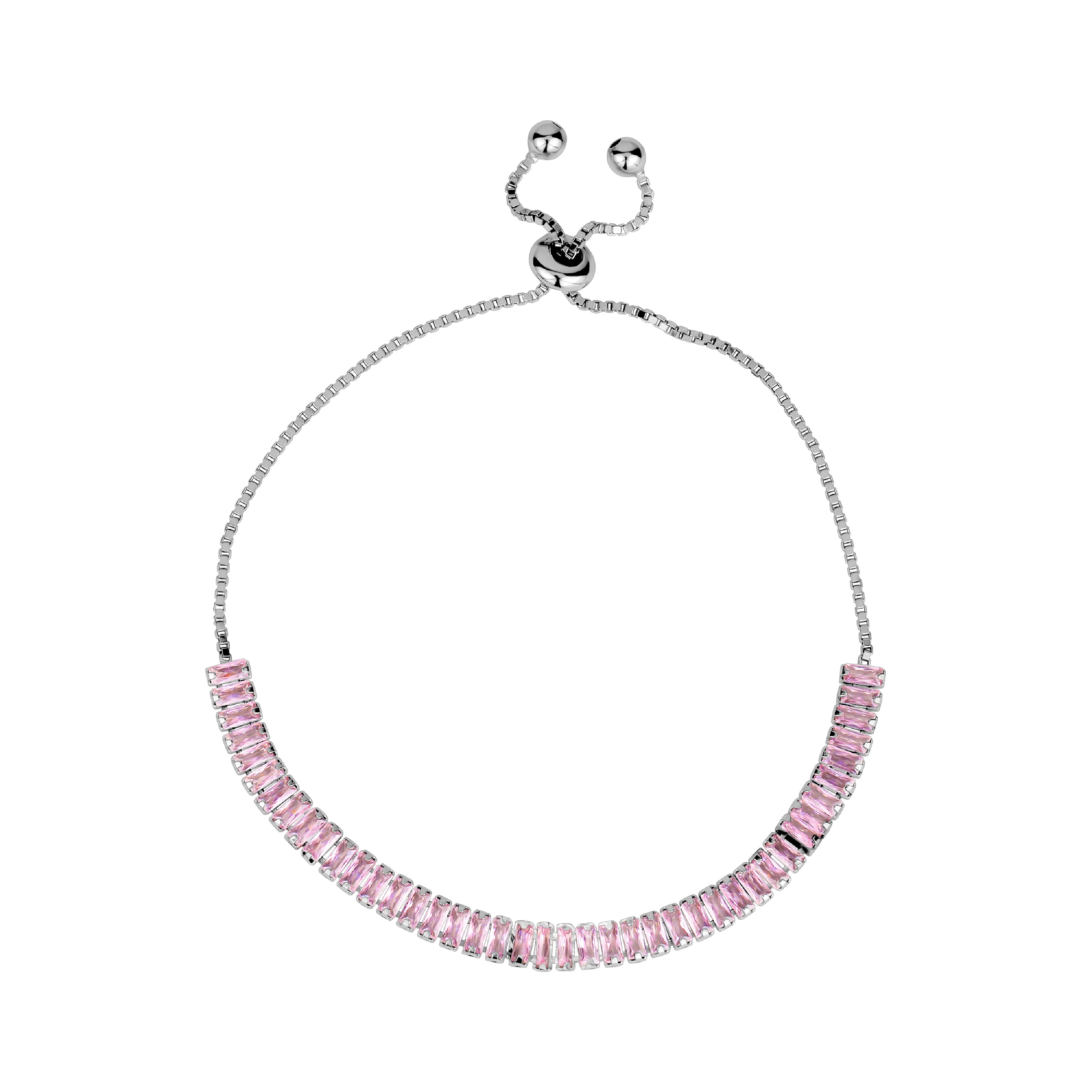 Elegant 3A Cubic Zirconia Bracelet featuring pink baguette-cut stones, crafted from 925 sterling silver and rhodium plated for durability.