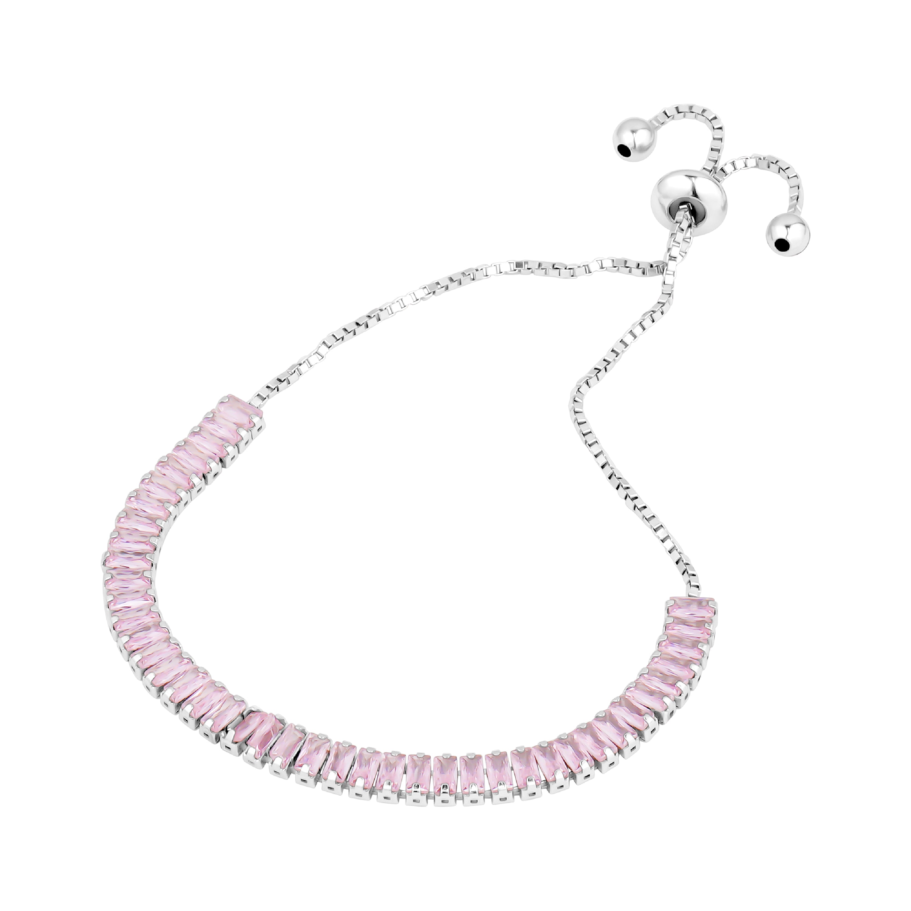 Elegant 3A Cubic Zirconia Bracelet featuring pink baguette-cut stones, crafted from 925 sterling silver and rhodium plated for durability.