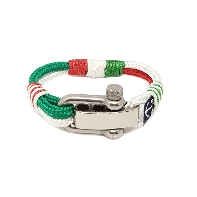 Adjustable Shackle Bray Nautical Bracelet featuring durable sailing ropes and stainless steel shackle in green, red, and white colors.