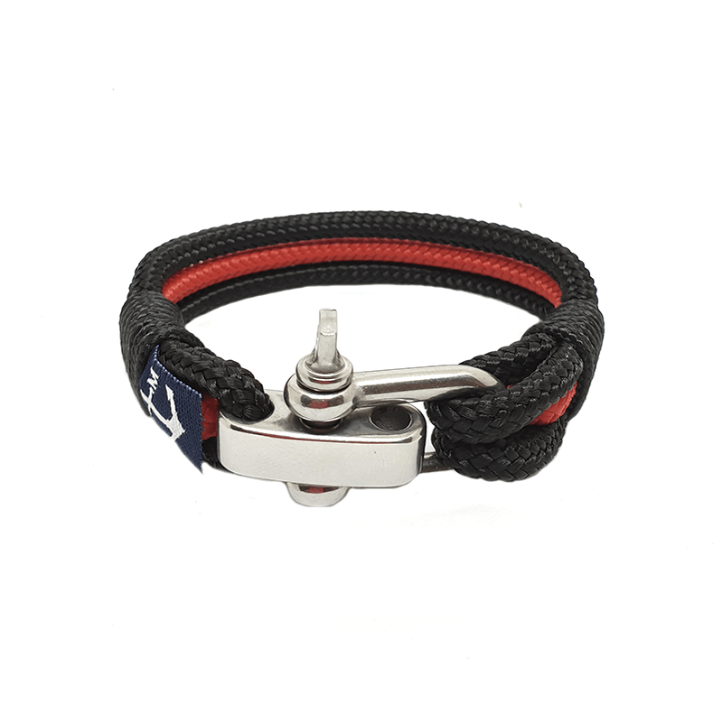 Adjustable Shackle Coral Beach Nautical Bracelet featuring black and red nautical ropes with a stainless steel shackle, handmade in Dublin.