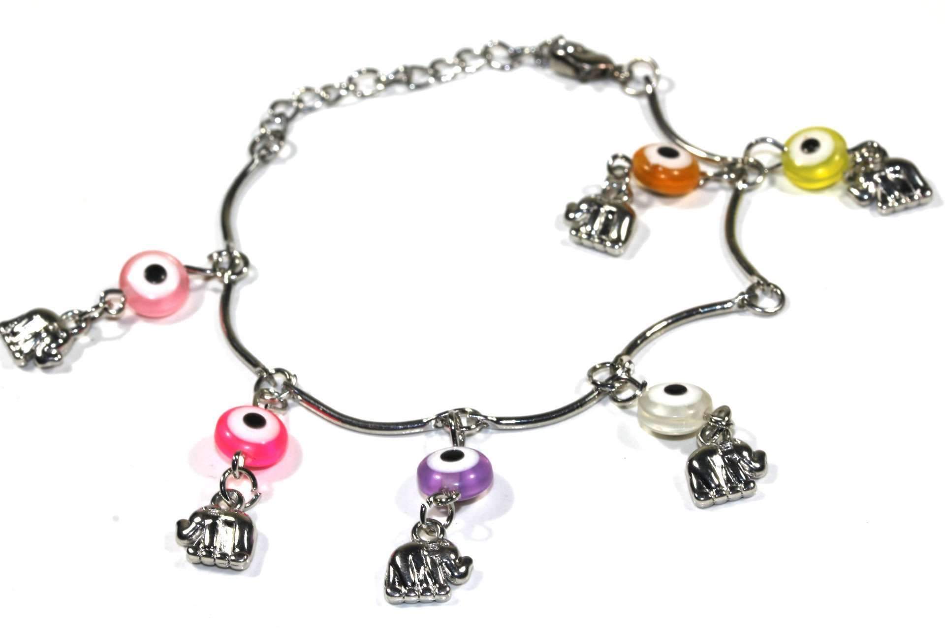 Colorful Age Old Charms Bracelet featuring Evil Eye and various meaningful charms, showcasing a silver tone design with beads.