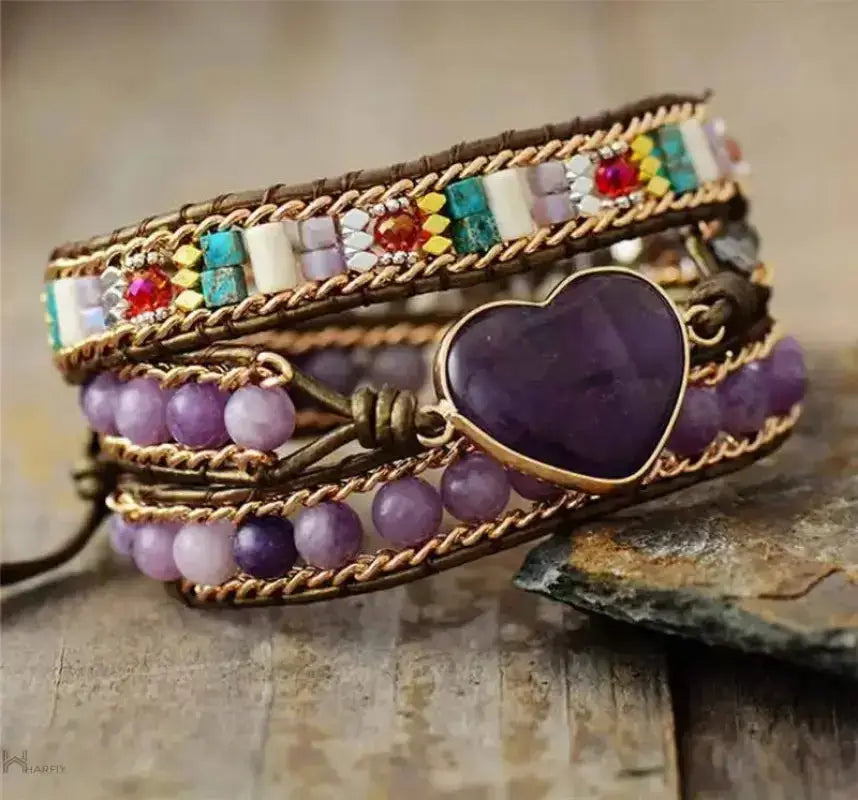 Handmade Amethyst Heart Wrap Bracelet featuring purple amethyst stones and a lace-up design, perfect for women seeking serenity and style.