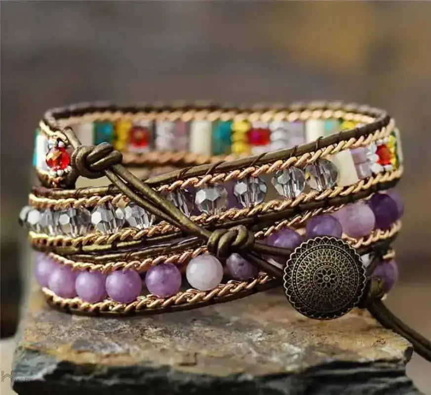 Handmade Amethyst Heart Wrap Bracelet featuring purple amethyst stones and a lace-up design, perfect for women seeking serenity and style.