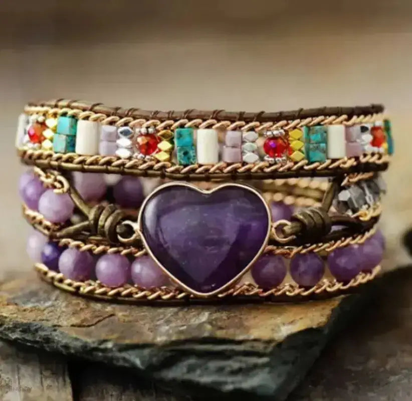 Handmade Amethyst Heart Wrap Bracelet featuring purple amethyst stones and a lace-up design, perfect for women seeking serenity and style.