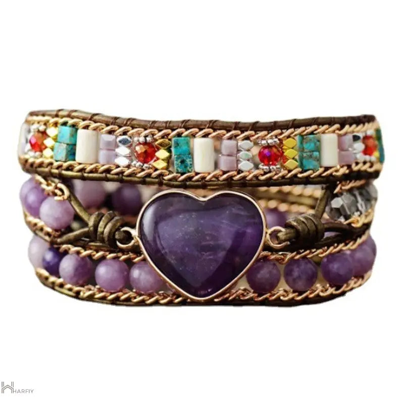 Handmade Amethyst Heart Wrap Bracelet featuring purple amethyst stones and a lace-up design, perfect for women seeking serenity and style.