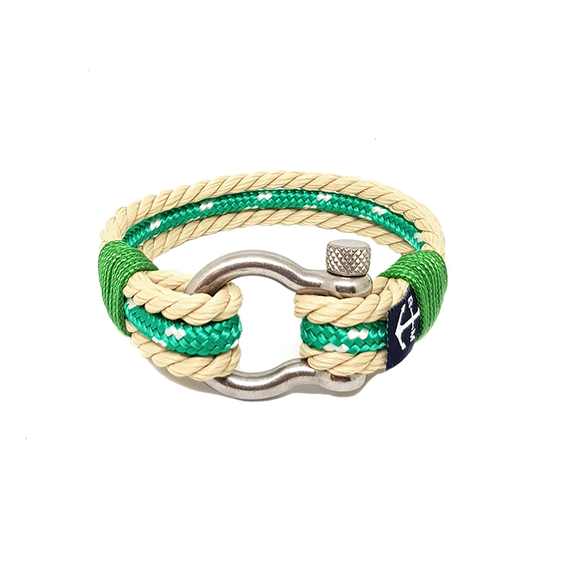 Argo Nautical Bracelet made from high-quality sailing ropes with a stainless steel shackle, featuring beige and green colors.