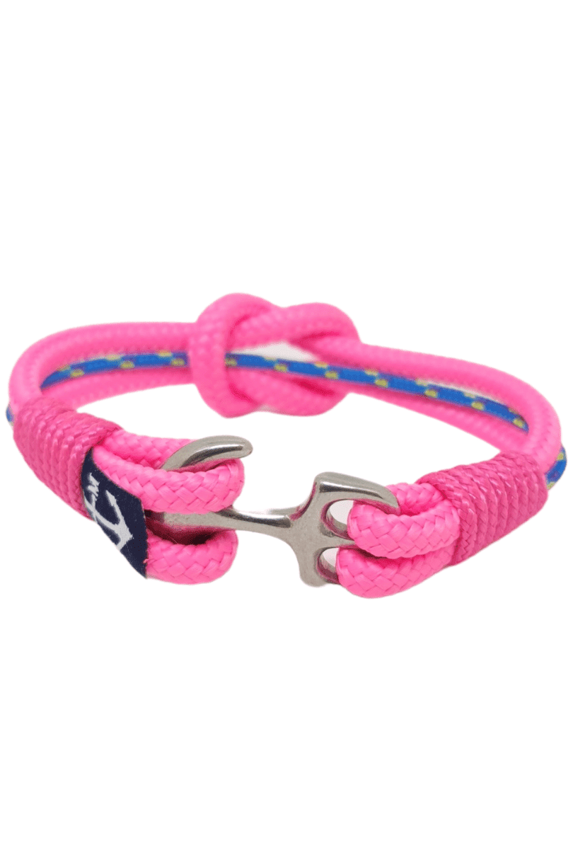 Banshee Bracelet featuring pink and blue nautical ropes with a stainless steel anchor, elegantly displayed on a wrist.