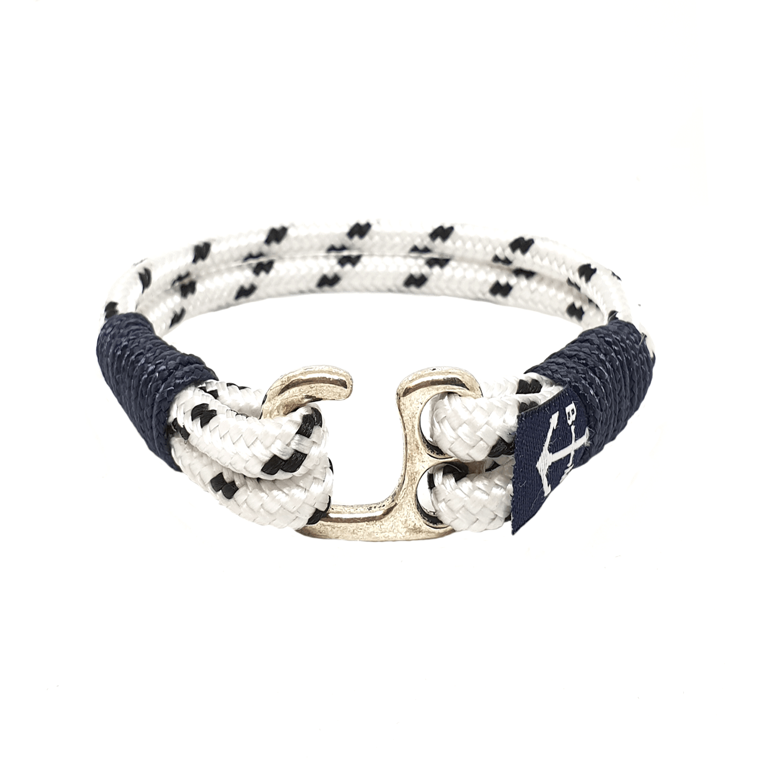 Barrfhionn Nautical Bracelet featuring black and white sailing ropes with a stainless steel hook, handmade in Dublin, Ireland.