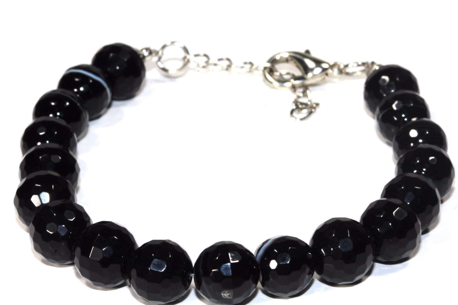 A stylish Black Agate Yoga Bracelet featuring marbled beads and a silver-tone lobster clasp, perfect for yoga and meditation.