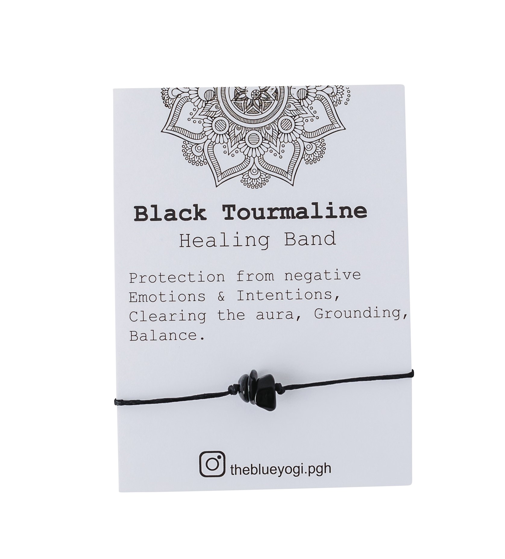 A handcrafted Black Tourmaline Band with a tie closure, featuring unique natural gemstones and a watercolor Mandala art card.