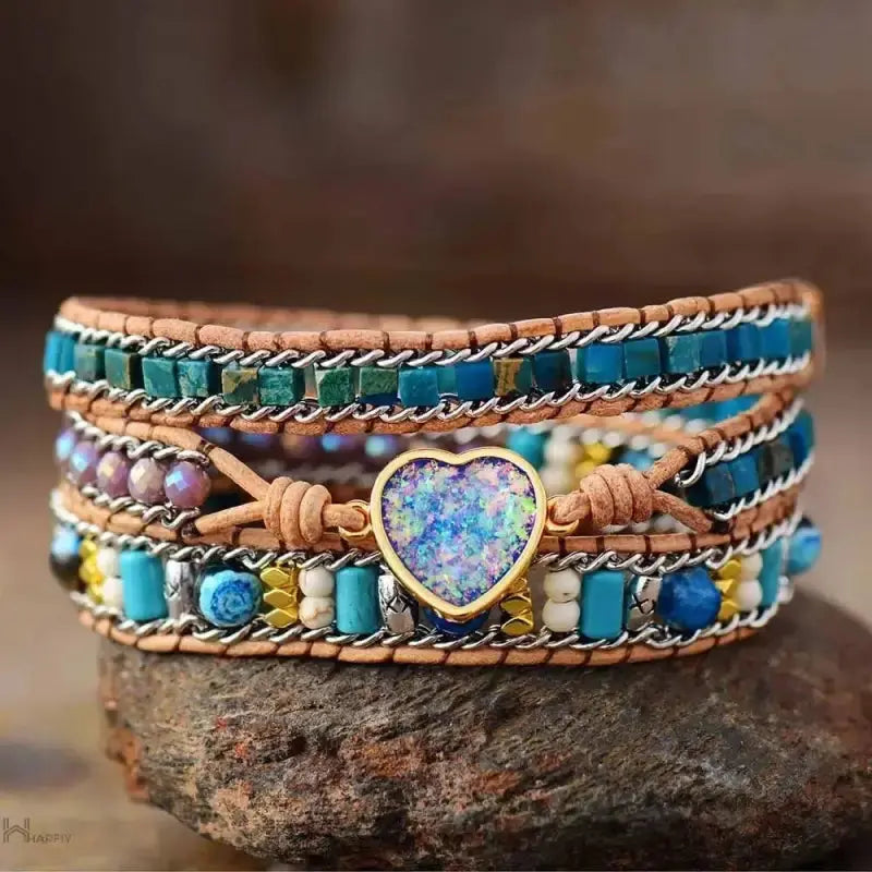 Blue Heart Opal Leather Bracelet featuring shimmering blue opal stones on a stylish leather band, perfect for bohemian fashion.