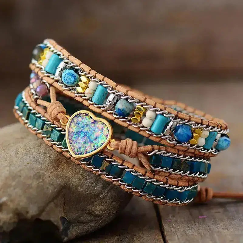 Blue Heart Opal Leather Bracelet featuring shimmering blue opal stones on a stylish leather band, perfect for bohemian fashion.