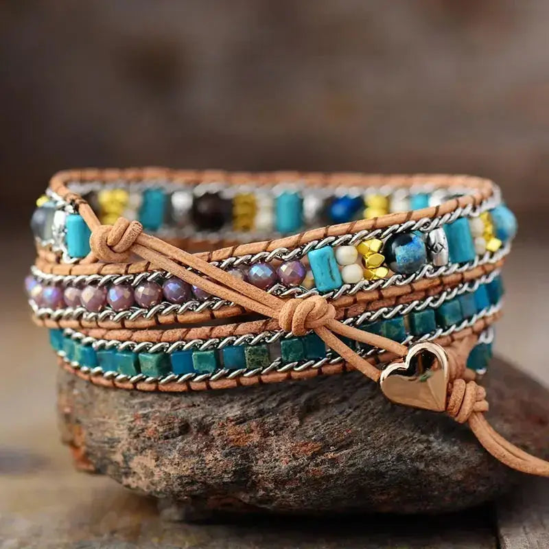 Blue Heart Opal Leather Bracelet featuring shimmering blue opal stones on a stylish leather band, perfect for bohemian fashion.