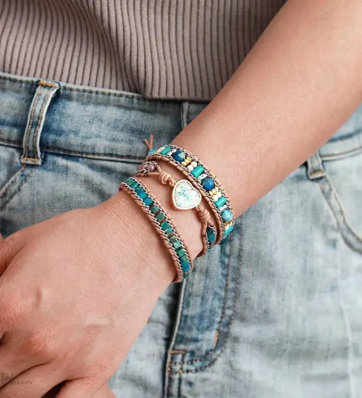 Blue Heart Opal Leather Bracelet featuring shimmering blue opal stones on a stylish leather band, perfect for bohemian fashion.