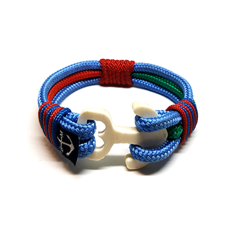 A vibrant Blue, Red, and Green Wood Anchor Nautical Bracelet showcasing its handmade craftsmanship and nautical design.