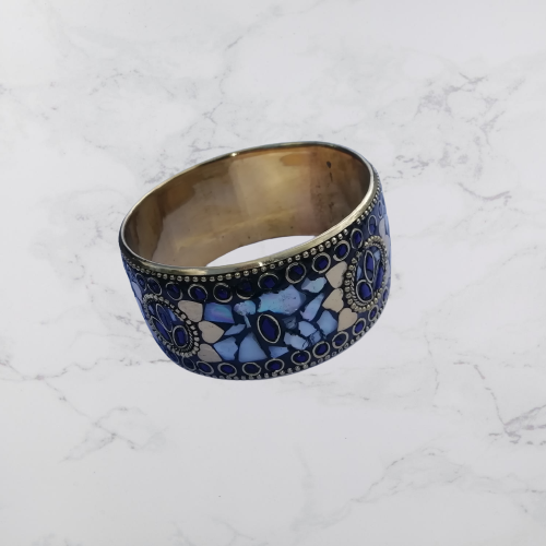 Bohotusk Blue and Aqua Marine Mosaic Brass Bangle Bracelet featuring intricate mosaic detailing and vibrant aqua marine stones.