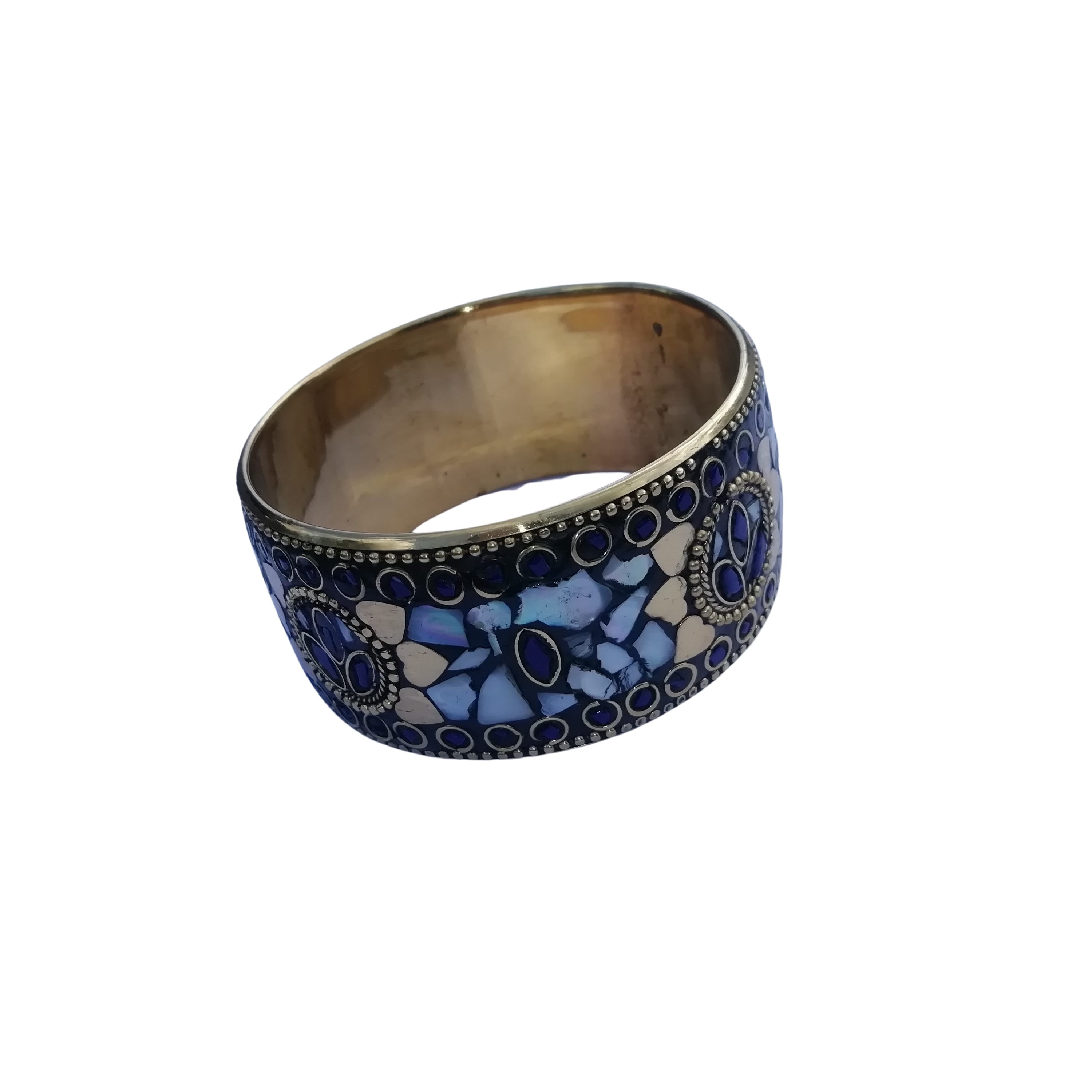 Bohotusk Blue and Aqua Marine Mosaic Brass Bangle Bracelet featuring intricate mosaic detailing and vibrant aqua marine stones.