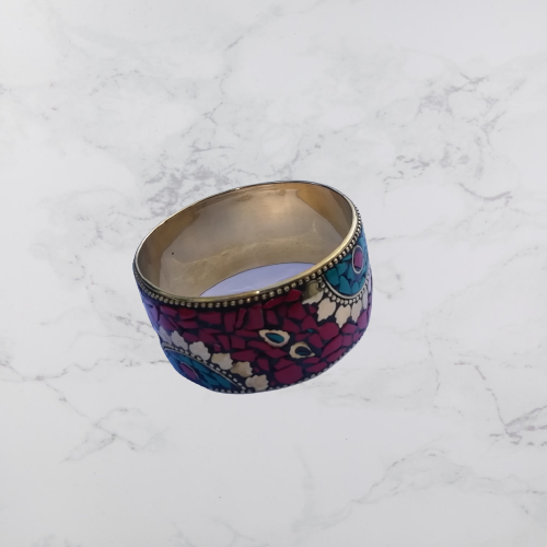 Bohotusk Red Mosaic Brass Bangle Bracelet featuring intricate mosaic detailing and colorful stones.